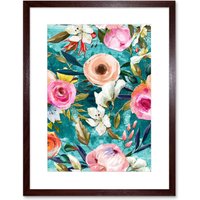 Artery8 Wall Art Print Bright Floral Pattern Art Framed 9x7 inch in Brown | Size: W7" x H9"