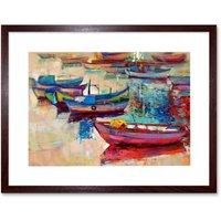 Artery8 Wall Art Print Boats & Ocean Painting Art Framed 9x7 inch in Brown | Size: W7" x H9"