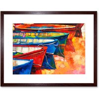 Artery8 Wall Art Print Boats & Pier Painting Art Framed 9x7 inch in Brown | Size: W7" x H9"