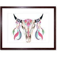 Artery8 Wall Art Print Watercolour Cow Skull Art Framed 9x7 inch in Brown | Size: W7" x H9"