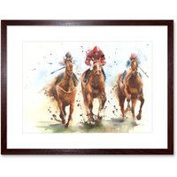 Artery8 Wall Art Print Racing Horses Watercolour Art Framed 9x7 inch in Brown | Size: W7" x H9"