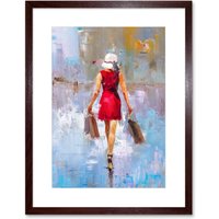 Artery8 Wall Art Print Woman Shopping City Art Framed 9x7 inch in Brown | Size: W7" x H9"