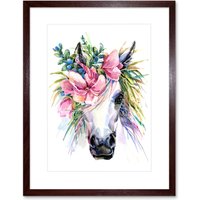 Artery8 Wall Art Print Unicorn with Flower Wreath Art Framed 9x7 inch in Brown | Size: W7" x H9"