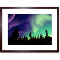 Artery8 Wall Art Print Pine Trees Silhouette Northern Lights Art Framed 9x7 inch in Brown | Size: W7" x H9"