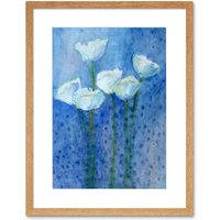 Artery8 Wall Art Print Flower White Tulips On Blue Art Framed 9x7 inch in Beige | Size: W7" x H9"