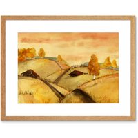 Artery8 Wall Art Print Watercolour Russian Fields Landscape Art Framed 9x7 inch in Beige | Size: W7" x H9"