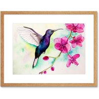 Artery8 Wall Art Print Hummingbird & Orchid Art Framed 9x7 inch in Beige | Size: W7" x H9"