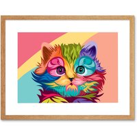 Artery8 Wall Art Print Cat Cute Colourful Art Framed 9x7 inch in Beige | Size: W7" x H9"