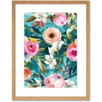 Artery8 Wall Art Print Bright Floral Pattern Art Framed 9x7 inch in Beige | Size: W7" x H9"
