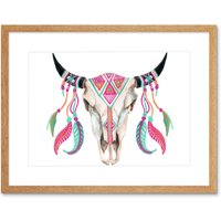 Artery8 Wall Art Print Watercolour Cow Skull Art Framed 9x7 inch in Beige | Size: W7" x H9"