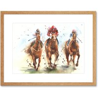 Artery8 Wall Art Print Racing Horses Watercolour Art Framed 9x7 inch in Beige | Size: W7" x H9"