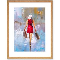 Artery8 Wall Art Print Woman Shopping City Art Framed 9x7 inch in Beige | Size: W7" x H9"