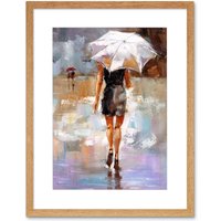 Artery8 Wall Art Print Woman with Umbrella City Art Framed 9x7 inch in Beige | Size: W7" x H9"