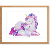 Artery8 Wall Art Print Unicorn Mother & Daughter Art Framed 9x7 inch in Beige | Size: W7" x H9"