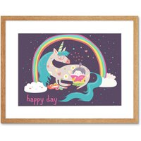 Artery8 Wall Art Print Unicorn Rainbow Reading Child Art Framed 9x7 inch in Beige | Size: W7" x H9"