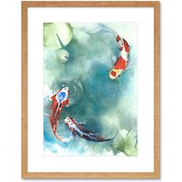 Artery8 Wall Art Print Japan Koi Fish with Lilies Art Framed 9x7 inch in Beige | Size: W7" x H9"