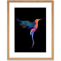 Artery8 Wall Art Print Hummingbird Colourful On Black Art Framed 9x7 inch in Beige | Size: W7" x H9"