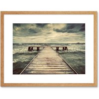 Artery8 Wall Art Print Pier with Storm Clouds Art Framed 9x7 inch in Beige | Size: W7" x H9"