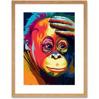 Artery8 Wall Art Print Orangutan Colourful Art Framed 9x7 inch in Beige | Size: W7" x H9"