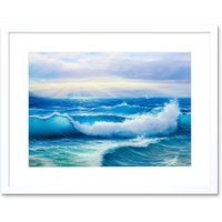Artery8 Wall Art Print Morning Rays On Breaking Waves Art Framed 9x7 inch in White | Size: W7" x H9"