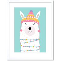 Artery8 Wall Art Print Llama Cute Christmas Art Framed 9x7 inch in White | Size: W7" x H9"
