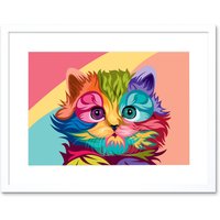 Artery8 Wall Art Print Cat Cute Colourful Art Framed 9x7 inch in White | Size: W7" x H9"