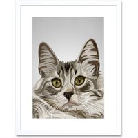 Artery8 Wall Art Print Cat Grey Art Framed 9x7 inch in White | Size: W7" x H9"