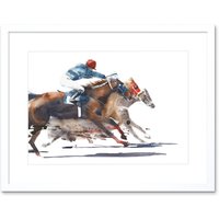 Artery8 Wall Art Print Racing Horses with Jockey Art Framed 9x7 inch in White | Size: W7" x H9"