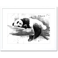 Artery8 Wall Art Print Panda Sleeping Watercolour Art Framed 9x7 inch in White | Size: W7" x H9"