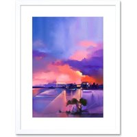 Artery8 Wall Art Print Abstract Sunset on Lake Art Framed 9x7 inch in White | Size: W7" x H9"
