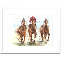 Artery8 Wall Art Print Racing Horses Watercolour Art Framed 9x7 inch in White | Size: W7" x H9"