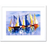 Artery8 Wall Art Print Boats Sailing at Sea Art Framed 9x7 inch in White | Size: W7" x H9"