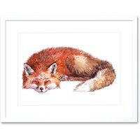 Artery8 Wall Art Print Fox Sleeping Watercolour Art Framed 9x7 inch in White | Size: W7" x H9"