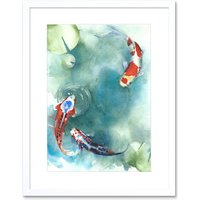 Artery8 Wall Art Print Japan Koi Fish with Lilies Art Framed 9x7 inch in White | Size: W7" x H9"