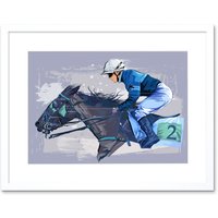 Artery8 Wall Art Print Racing Horse & Jockey Blue Grunge Art Framed 9x7 inch in White | Size: W7" x H9"