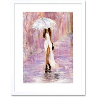 Artery8 Wall Art Print Woman in The Rain with Umbrella Art Framed 9x7 inch in White | Size: W7" x H9"