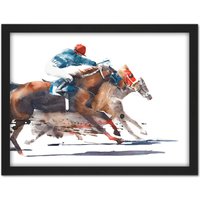 Artery8 Wall Art Print Racing Horses With Jockey Large Large Framed Wall Décor Art in Black | Size: W18" x H24"