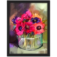 Artery8 Wall Art Print Flowers Bouquet Anemones Large Framed Wall Décor Art in Brown | Size: W18" x H24"
