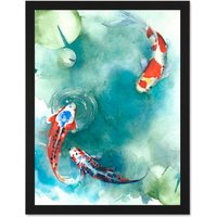Artery8 Wall Art Print Japan Koi Fish With Lilies Large Large Framed Wall Dรฉcor Art in Light Oak | Size: W18" x H24"