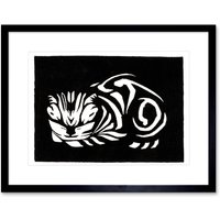 Artery8 Wall Art Print Woodcut Cat Julie De Graag Art Framed 9x7 inch in Black | Size: W7" x H9"