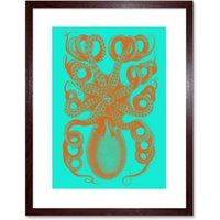 Artery8 Wall Art Print Octopus Orange Blue Art Framed 9x7 inch in Brown | Size: W7" x H9"