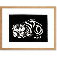 Artery8 Wall Art Print Woodcut Cat Julie De Graag Art Framed 9x7 inch in Beige | Size: W7" x H9"