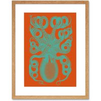 Artery8 Wall Art Print Octopus Coral Blue Red Art Framed 9x7 inch in Beige | Size: W7" x H9"