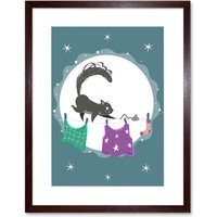 Artery8 Wall Art Print Cat & Mouse Night Art Black Framed 9x7 inch in Brown | Size: W7" x H9"