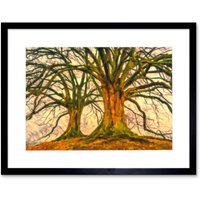 Artery8 Wall Art Print Twin Trees Painting Art Black Framed 9x7 inch | Size: W7" x H9"