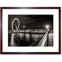 Artery8 Wall Art Print London Eye Black & White Night Art Black Framed 9x7 inch in Brown | Size: W7" x H9"