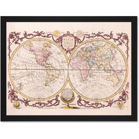 Artery8 Wall Art Print Map Of The World Vintage Large Light Oak Large Framed Wall Décor Art | Size: W18" x H24"