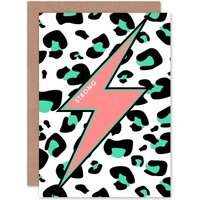 Artery8 Leopard Coral & Green Strong Reverse Greetings Card in Pink