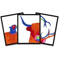 Wee Blue Coo Wall Art Print Bright Colourful Scottish Highland Wildlife Framed Poster Pack of 3 | Size: W12" x H16"