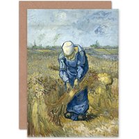 Artery8 Van Gogh Peasant Woman Binding Sheaves After Millet Fine Art Greetings Card in Blue